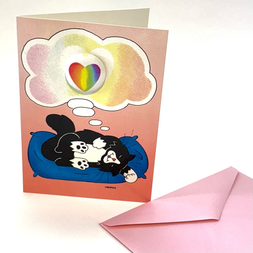 Vintage 1987 Valentine’s Day Card & Button - Rainbow Heart Kitty Cat